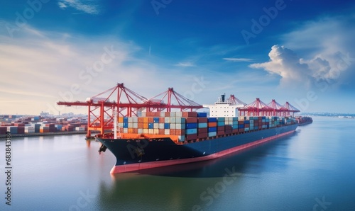 Container cargo ship at industial port in import export business logistic and transportation of international by container cargo ship in the open sea, Generative AI 