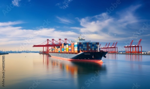 Container cargo ship at industial port in import export business logistic and transportation of international by container cargo ship in the open sea, Generative AI  photo