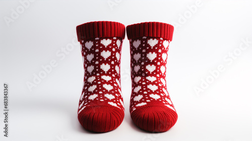 A pair of cozy woollen winter socks adorned with white knitted hearts, ideal for Christmas, festivities or chillier weather. Red and white in colour.