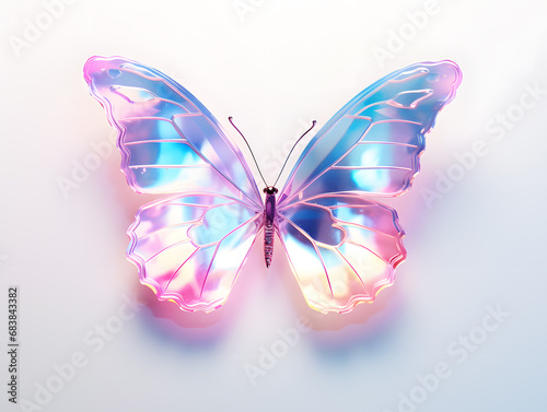 Illustration of a colourful crystal glass butterfly on a clean background. 3d rendering.