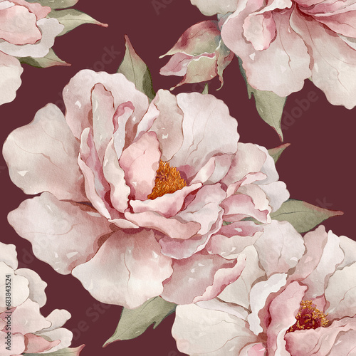 Seamless floral pattern with peonies hand-drawn painted in watercolor style. The seamless pattern can be used on a variety of surfaces, wallpaper, textiles or packaging 
