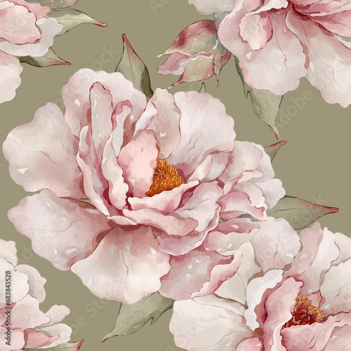 Seamless floral pattern with peonies hand-drawn painted in watercolor style. The seamless pattern can be used on a variety of surfaces, wallpaper, textiles or packaging 
