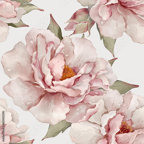 Seamless floral pattern with peonies hand-drawn painted in watercolor style. The seamless pattern can be used on a variety of surfaces, wallpaper, textiles or packaging 
