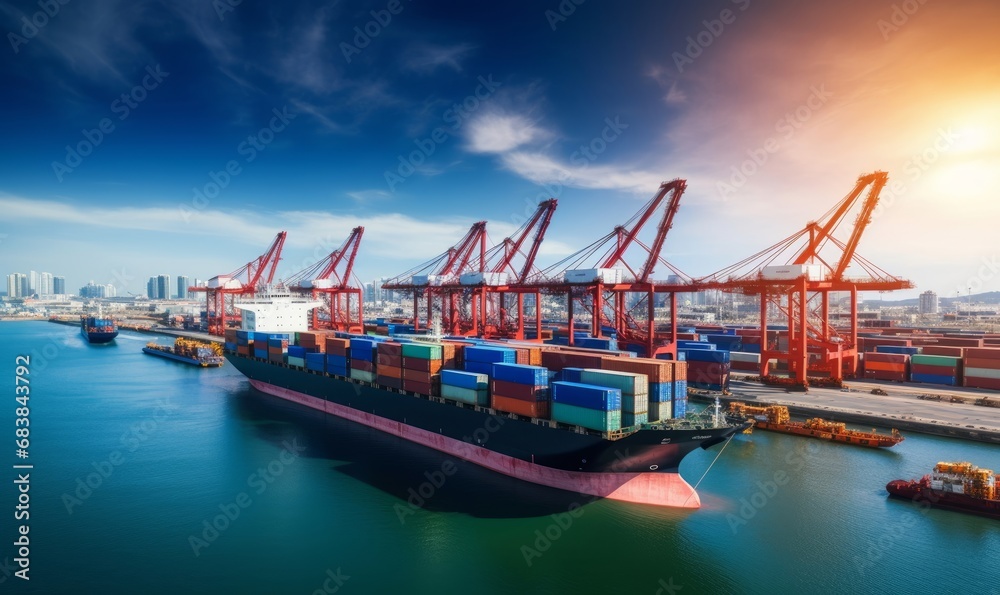 Global transport cargo and logistic business import and export, Container ship in seaport terminal, Container cargo vessel freight shipping commercial worldwide, Freight transportation, Generative AI  - obrazy, fototapety, plakaty 