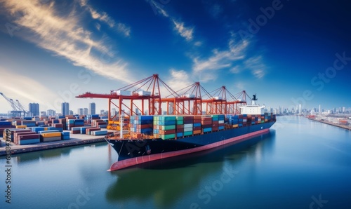 Global transport cargo and logistic business import and export, Container ship in seaport terminal, Container cargo vessel freight shipping commercial worldwide, Freight transportation, Generative AI  photo
