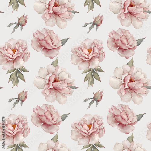 Seamless floral pattern with peonies hand-drawn painted in watercolor style. The seamless pattern can be used on a variety of surfaces, wallpaper, textiles or packaging 
