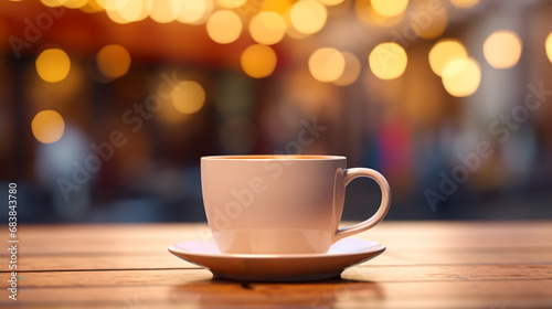 Coffee or tea cup on wooden table.