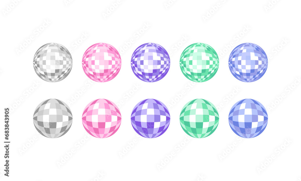 Set of colorful disco balls. Vector flat illustration of disco mirror spheres. Festival, party clipart
