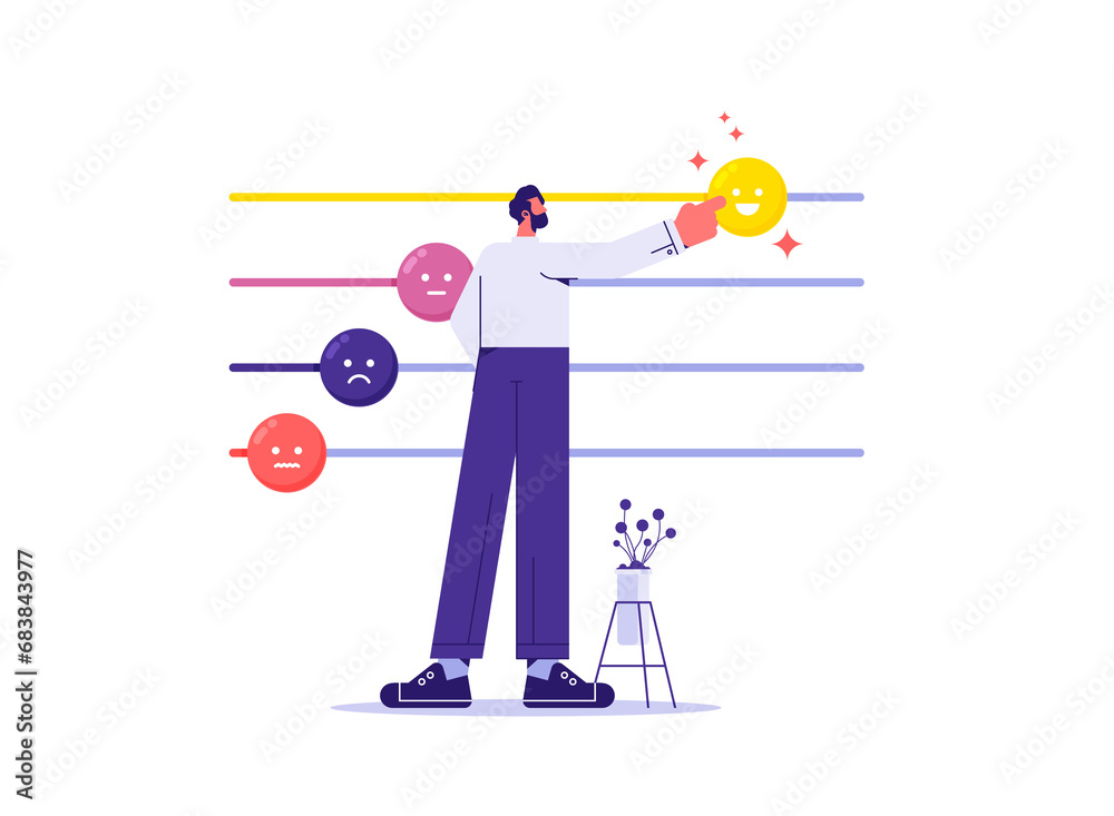 Control your emotions, control panel or slider bar for feeling or emotion, man moves slider bar emotions in direction of good mood Control your emotions, control panel or slider bar for feeling or emotion, man moves slider bar emotions in direction of good mood