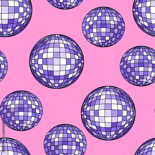 Seamless pattern with purple disco balls. Vector holiday background 