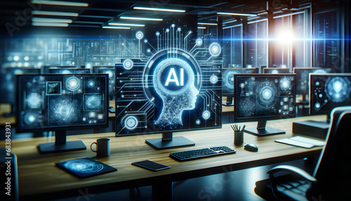 AI learning and artificial intelligence in a business and networking context. Sophisticated computer setups, Created by using generative AI tools