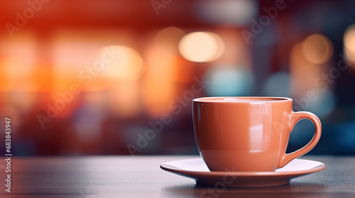 Coffee cup on wooden table with blur background.