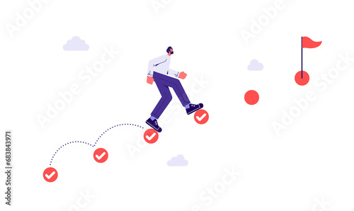Project tracking, goal tracker, task completion or checklist to remind project progress concept, businessman running on completed checkbox to reach goal photo