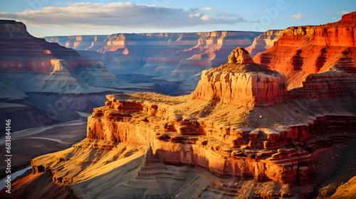 A photo of the Grand Canyon, with massive rock formations as the background, during the golden hour