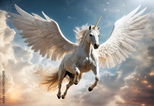 The mythical white Pegasus unicorn horse is flying above clouds.