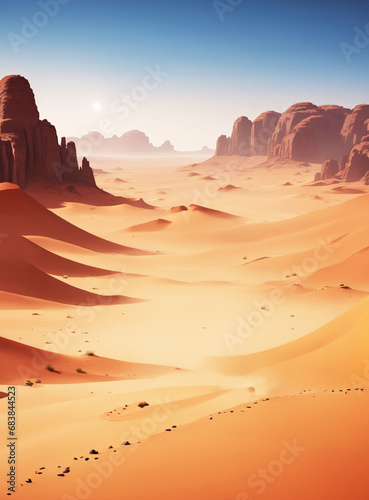panorama desertico con formazioni rocciose, dune di sabbia sotto un cielo limpido photo
