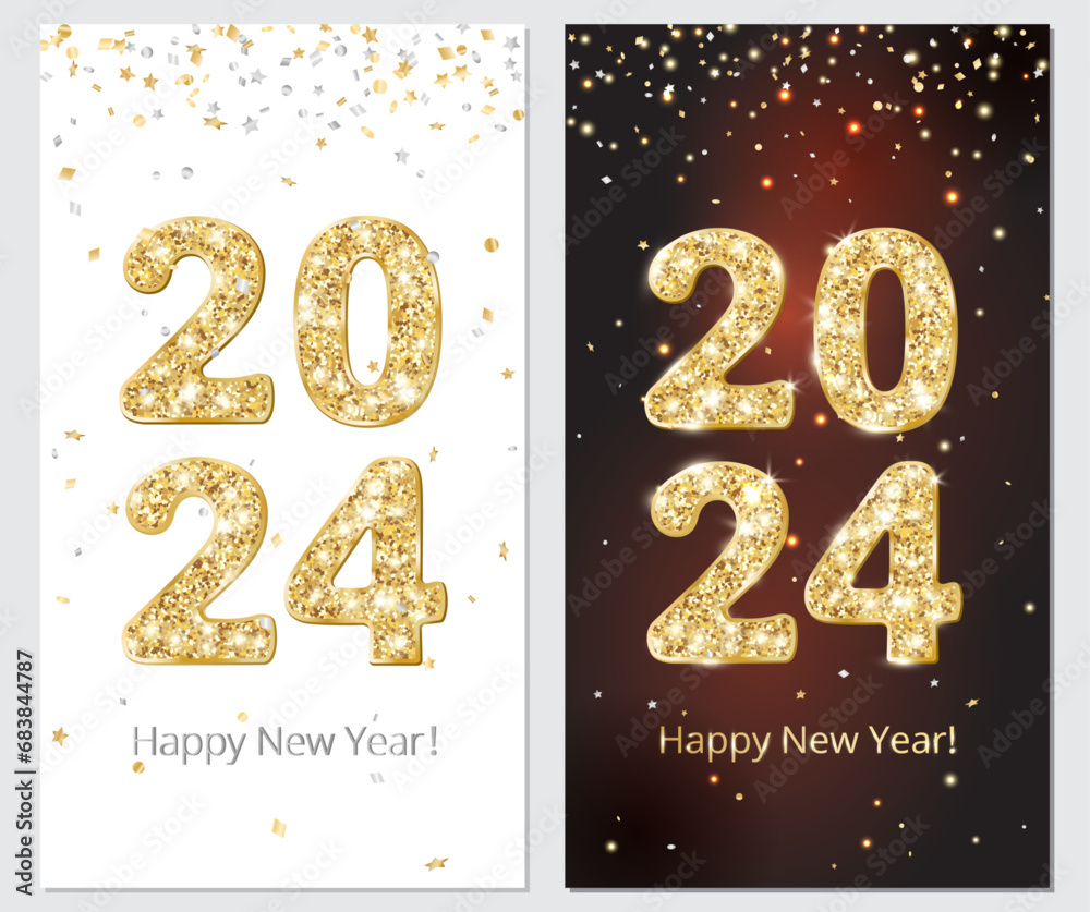 Happy New Year festive banners. 2024 gold glitter numbers on black and ...