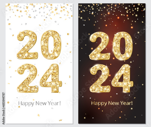 Happy New Year festive banners. 2024 gold glitter numbers on black and white background. Falling golden confetti frame  border. Vector. Great for social media  standard vertical screen size.