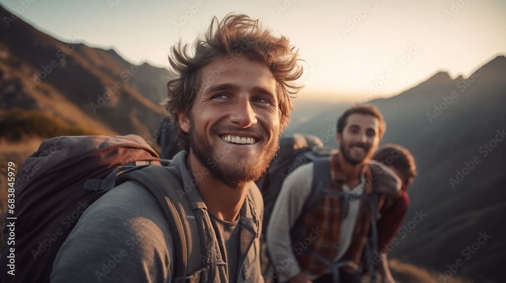 Golden hour sunset and young cheerful smiling caucasian males hiking in scenic autumn mountains leading active sporty and healthy lifestyle Golden hour sunset and young cheerful smiling caucasian males hiking in scenic autumn mountains leading active sporty and healthy lifestyle