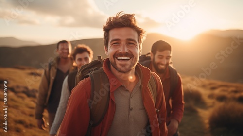 Young cheerful smiling caucasian male men hiking in the mountains at golden hour sunset leading active sporty and healthy lifestyle