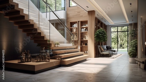Interior design of modern entrance hall with staircase in villa. 