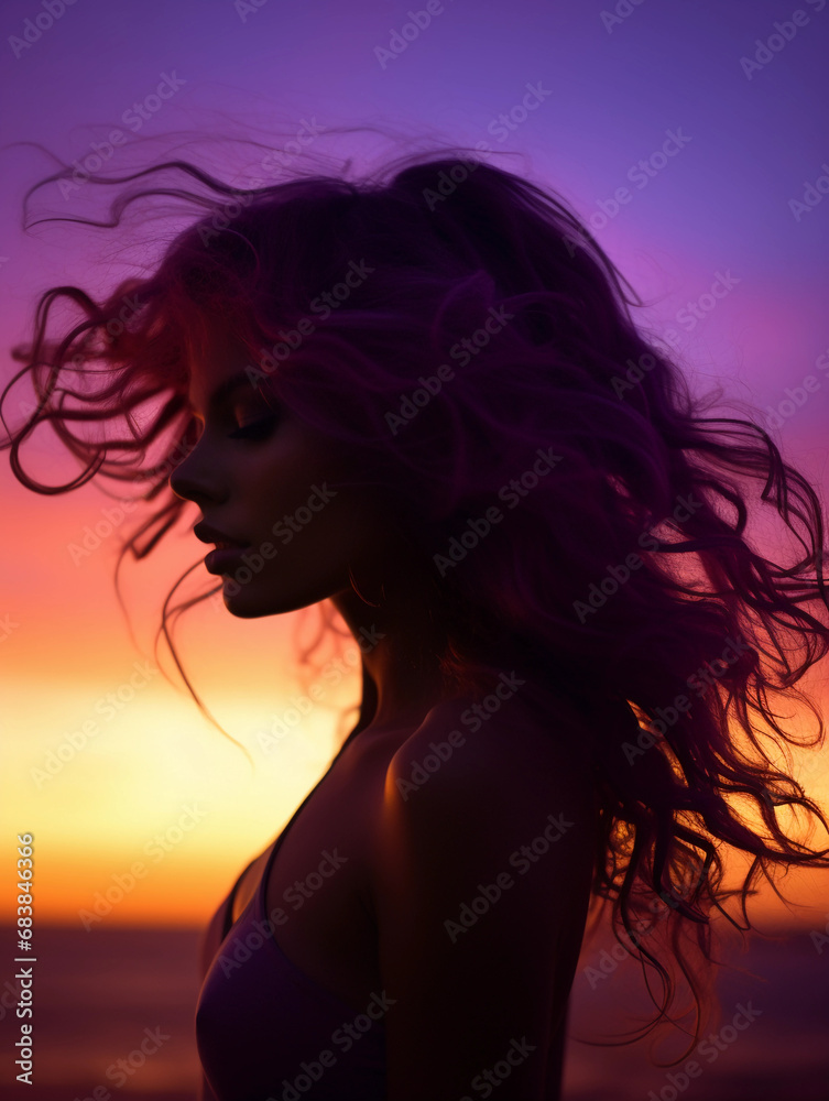 Naklejka premium backlit portrait, silhouette of a female model against a vibrant sunset