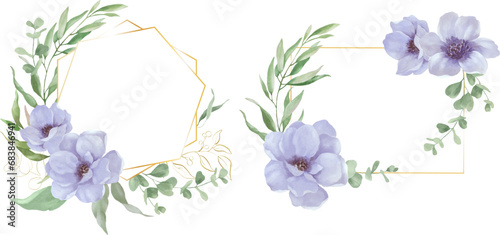 Watercolor set of floral frames with flowers, eucalypt, golden branches. Hand drawn illustration isolated on transparent background. Vector EPS. © Alla