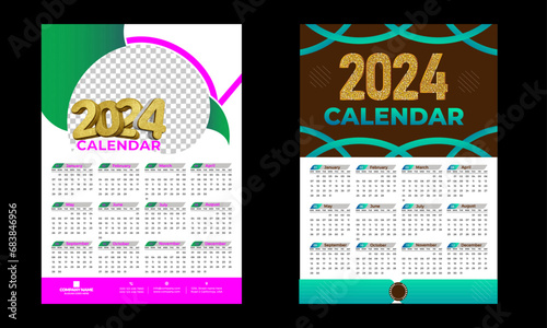 Wall Calendar 2024, Wall calendar design template for 2024, minimalist, clean, and elegant design Calendar for 2024,2024wall calendar template design. photo