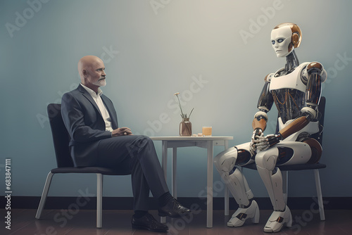 Roboter and human wainting for a job interview photo