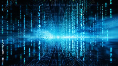 binary code matrix: illuminated blue digital data on computer screen