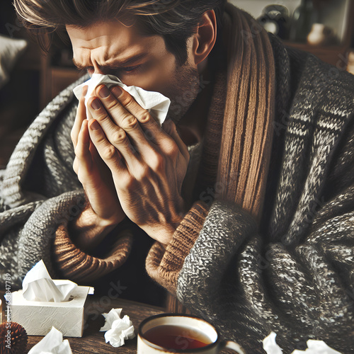 man suffering from cold or flu,sneezing, looking miserable, wearing a sweater and holding a tissue photo