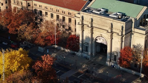 Aerial shot of the entrance to The Museum of Natural History on an autumn morning.