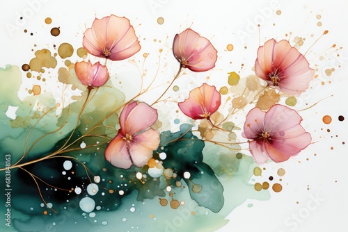 ink watercolor abstract background flowers and leaves in colours green, pink and sparkling gold splash on white background