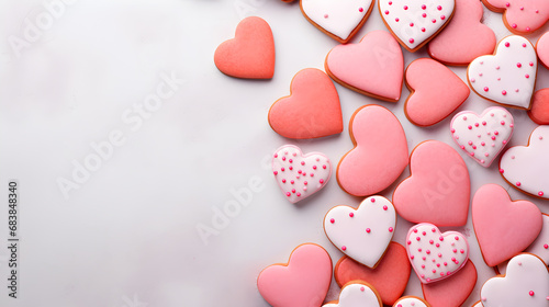 Composition with decorated heart shaped cookies and space for text on color background, top view. Valentine's day photo
