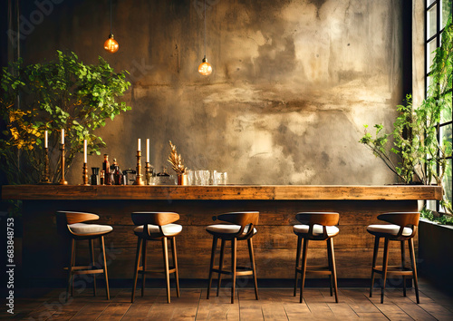 Bar interior in loft style, bar counter and chairs © Kseniya