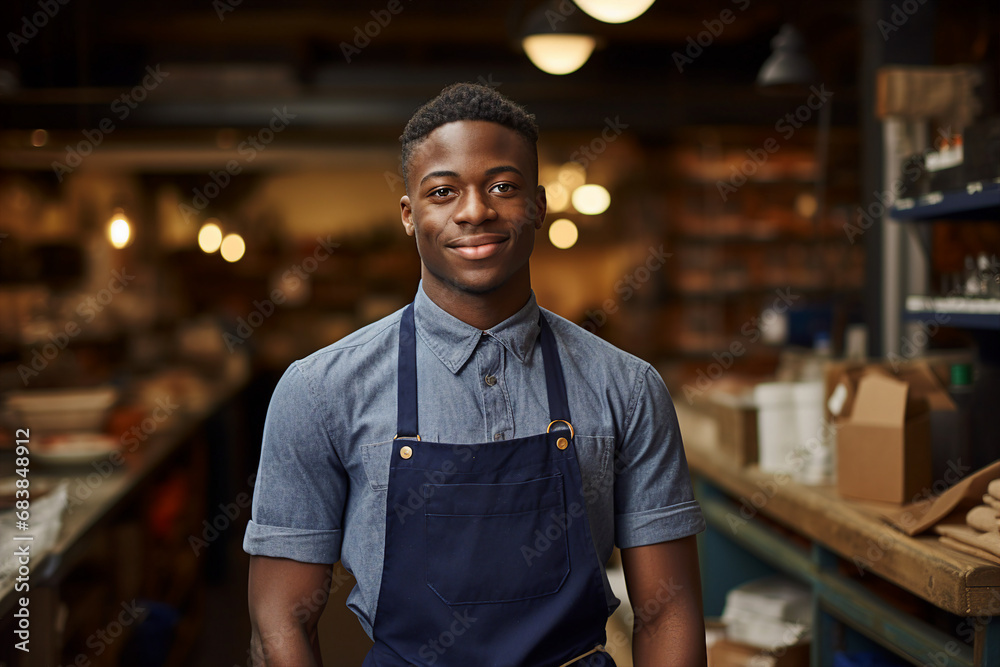 AI generated portrait of joyful salesman cashier serving customers in supermarket
