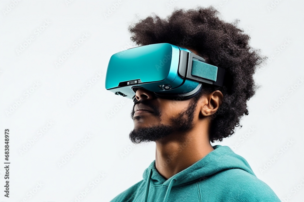 Youngster watching 3d object in virtual world fun cheerful vr glasses goggles generative ai Youngster watching 3d object in virtual world fun cheerful vr glasses goggles generative ai