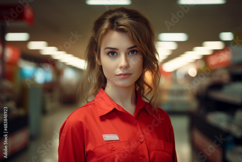 Generative AI picture of cheerful woman working as a cashier in a grocery store