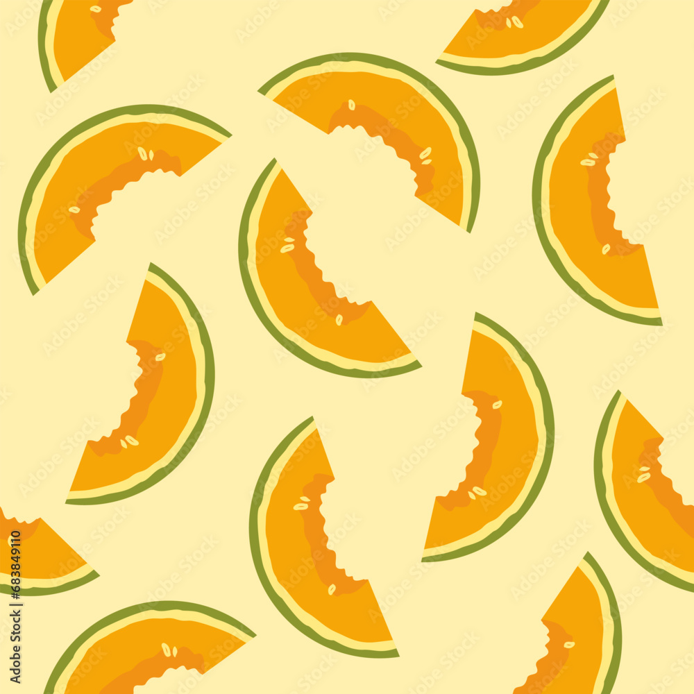 Fototapeta premium slices of ripe melon scattered on a light background. delicious orange melon