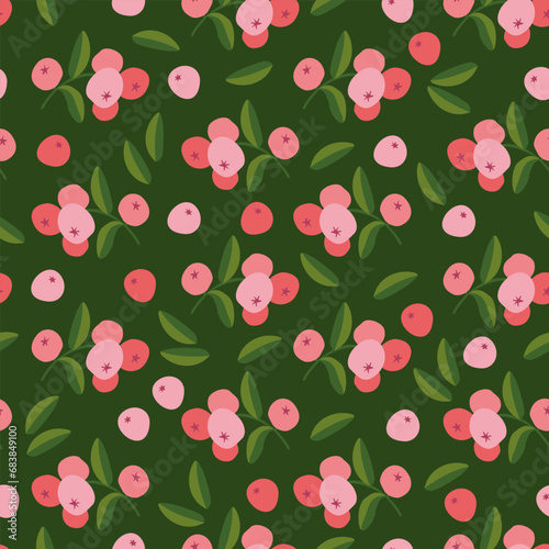 Seamless background with scattered berries and leaves. berry background. ripe cranberries on twigs