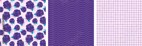 selection of purple prints for the kitchen. blackberry patterns with abstract lines and cells