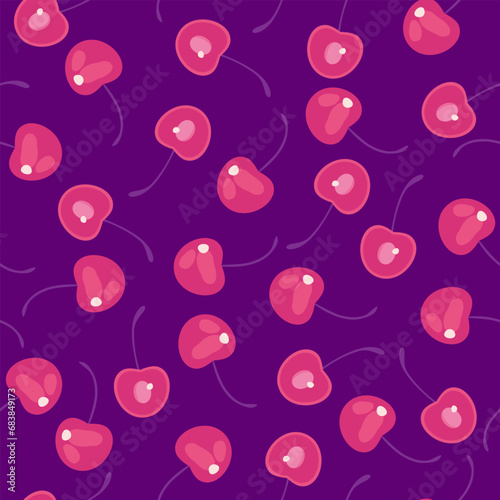 seductive cherries scattered across the seamless background. red ripe cherries in a chaotic manner.