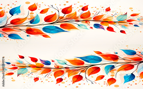 Vector line shape of autumn leaves in watercolor style. Scattered composition with curls. Hanging scroll design in light red and yellow colors. Round shapes included in the design.