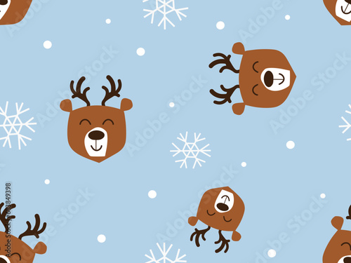 Christmas or New year seamless pattern with reindeer cartoon and snowflakes on blue sky background vector.