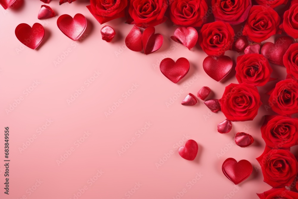 Red Roses and Hearts on Pink Background