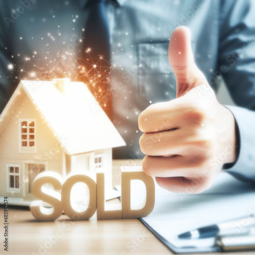 Thumbs up, there is a blurry house in the background word SOLD. real estate buying and selling concept. ai generative