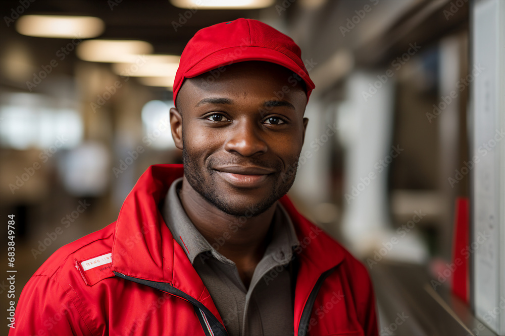 Generative AI image of handsome man postman mail carrier wear uniform standing in the warehouse