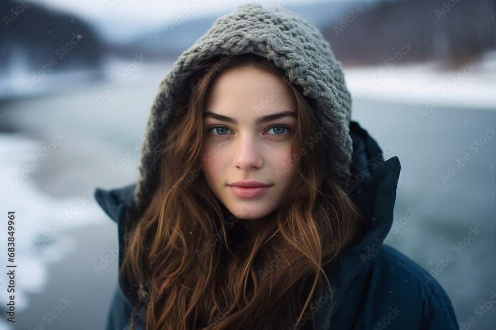 Generative AI portrait of young pretty girl in snowy forest tree magic atmosphere Generative AI portrait of young pretty girl in snowy forest tree magic atmosphere