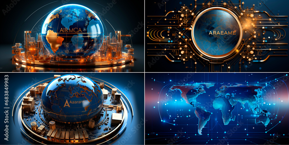 Reflects global coverage with branching computer circuit lines. Modern and elegant vector logo design. Includes elements of technology and business.
