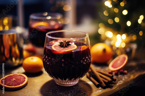 Festive mulled wine on the Christmas table  hot alcoholic drink with space for text